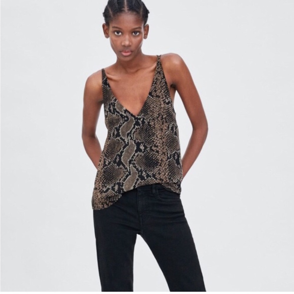 Zara Python Animal Print Snakeskin Sleeveless Cami Tank Black Brown Size Small